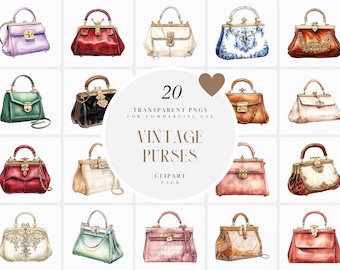 Watercolor Vintage Purse Clipart, Retro Purse Clipart, Antique Clasp Handbag Clipart, Womens Handbags, Transparent PNG, Commercial Use Art