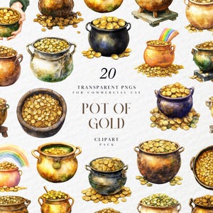 Könnte beinhalten: Ein Set mit 20 Aquarell-Illustrationen von Goldtöpfen. Die Töpfe sind in verschiedenen Stilen und Farben gehalten, darunter Gold, Braun und Schwarz. Die Münzen sind um die Töpfe herum verstreut und schaffen eine festliche und fantasievolle Szene. Der Text "20 TRANSPARENT PNGS FOR COMMERCIAL USE POT OF GOLD CLIPART PACK" ist im Bild enthalten.