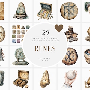 May include: A set of 20 watercolor rune clipart images. The images feature various runes, including a rune stone, a rune wheel, a rune box, and a rune coin. The images are perfect for use in digital and physical projects.
