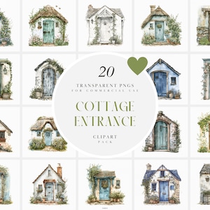 Clipart per l'ingresso del cottage accogliente dell'acquerello, clipart per il portico anteriore della casa, fiori primaverili, giardino estivo, grafica PNG trasparente, uso commerciale