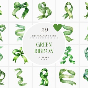 Aquarelle ruban vert Clipart, Clipart rubans verts, éléments décoratifs, fabrication de cartes, guirlande, graphiques PNG transparents, usage Commercial
