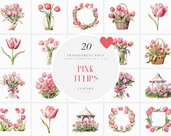 Watercolor Pink Tulips Clipart, Pink Tulip Flower Clipart, Pink Floral Bouquet Clipart, Tulip Vase, Transparent PNG files for Commercial Use