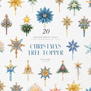 May include: A collection of 20 watercolor Christmas tree toppers in various designs, including stars, trees, and floral shapes. The toppers are in shades of gold, blue, green, and pink. Text on the image reads "Christmas Tree Topper Clipart Pack."