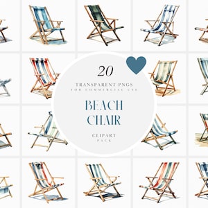 Clipart sedia da spiaggia ad acquerello, sedie pieghevoli, sedia reclinabile, vacanze estive, relax, mare, grafica PNG trasparente, uso commerciale