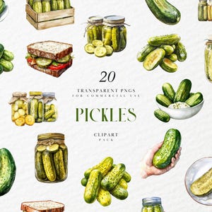 Clipart aquarelle de cornichons, bocal de cornichons aigre-doux, mariné, mariné, concombre, cornichon, cornichon à l'aneth, végétarien, PNG transparent, usage Commercial