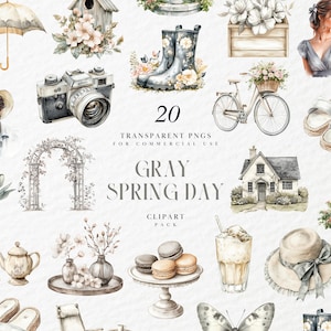 Clipart de un acogedor día de primavera en acuarela, saludos de primavera neutros con temática gris, floral, calcomanía digital, gráficos PNG transparentes, uso comercial