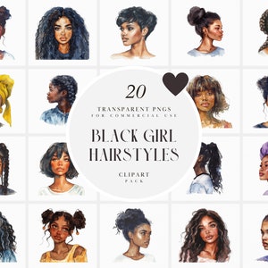 Clipart di acconciature per ragazze nere ad acquerello, Clipart di capelli di donne nere, Trecce, Treccine a scatola, Chignon, Chignon spaziali, PNG trasparenti, Uso commerciale