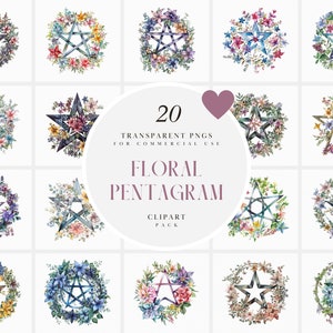 May include: A set of 20 watercolor floral pentagram clip art images. The pentagrams are surrounded by colorful flowers and leaves. The images are perfect for digital scrapbooking, card making, and other creative projects.