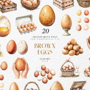 Clipart aquarelle d'oeufs bruns, panier de Pâques, décoration de carte de recette, volaille, illustration de la ferme, graphiques PNG transparents, usage commercial