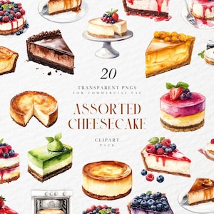 Aquarell verschiedene Käsekuchen Clipart, Schokoladen-Erdbeer-Dessert-Scheiben, süße Bäckerei Food Art, transparente PNG-Grafiken, kommerzielle Nutzung
