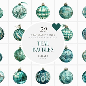 Puede incluir: Una colección de adornos navideños de color verde azulado con varios diseños, incluyendo lunares, rayas y motivos florales. La imagen también incluye el texto "20 PNG transparentes para uso comercial Teal Baubles Clipart Pack."