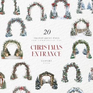 Clipart ingresso Natale acquerello, ingressi esterni giardino di Natale, invito festa artigianato carta grafica PNG trasparente, uso commerciale