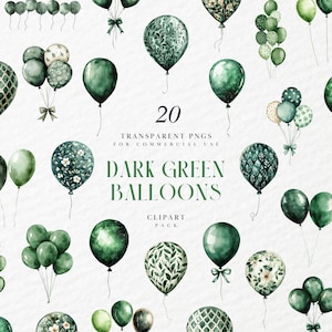 Watercolor Dark Green Balloons Clipart, Party Decor, Baby Shower Invitation, Birthday Celebration, Transparent PNG Graphic, Commercial Use