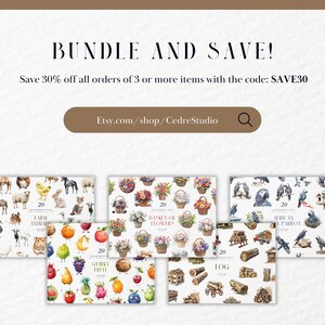 May include: An image featuring various watercolor illustrations of farm animals, flowers, fruits, logs, and African parrots. The text "BUNDLE AND SAVE!" and "Etsy.com/shop/CedreStudio" are also visible.