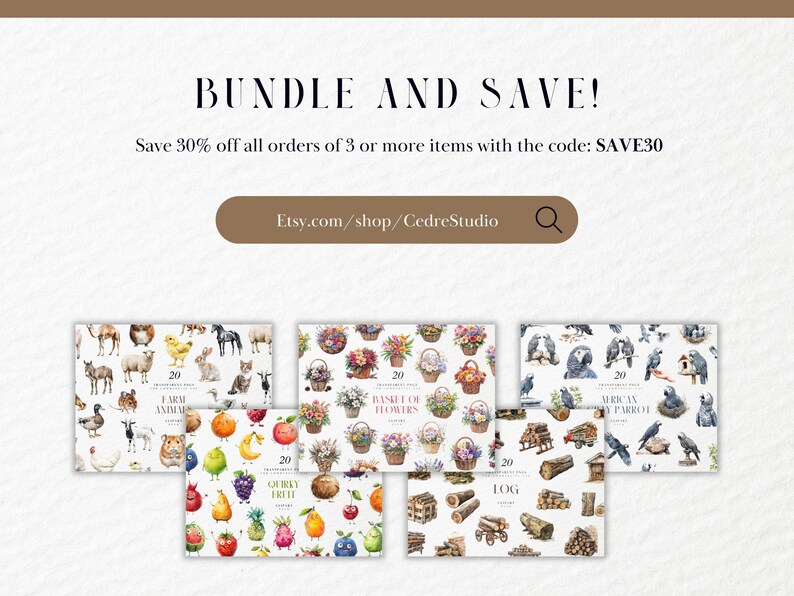 May include: An image featuring various watercolor illustrations of farm animals, flowers, fruits, logs, and African parrots. The text "BUNDLE AND SAVE!" and "Etsy.com/shop/CedreStudio" are also visible.