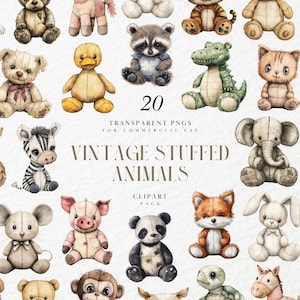 May include: A collection of 20 vintage-style stuffed animal clip art images. The watercolor illustrations include a variety of animals such as bears, ducks, foxes, and elephants. The text reads "Vintage Stuffed Animals" and "Transparent PNGs for Commercial Use".