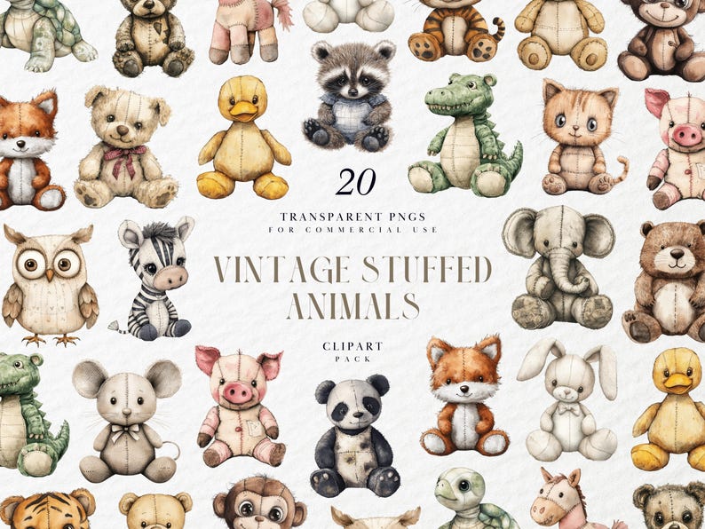 Watercolor Vintage Stuffed Animals Clipart, Cute Plush Toy Set, Nursery ...