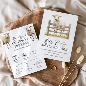 May include: Two white invitation cards with sheep illustrations and event details. One card reads "Brooklyn's BIG PARTY TIMELINE!" with a date and event schedule. The other says "Big Party AND COCKTAILS". Gold rings and dried flowers are also present.