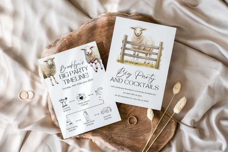 May include: Two white invitation cards with sheep illustrations and event details. One card reads "Brooklyn's BIG PARTY TIMELINE!" with a date and event schedule. The other says "Big Party AND COCKTAILS". Gold rings and dried flowers are also present.