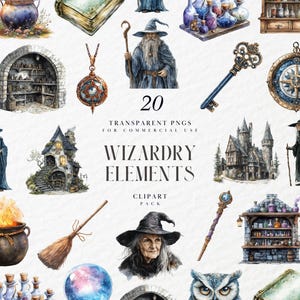 May include: Watercolor illustrations of wizardry elements, including wizards, castles, potions, keys, and an owl. The text reads "20 Transparent PNGs for Commercial Use. Wizardry Elements Clipart Pack."