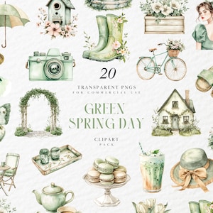 Clipart de un acogedor día de primavera en acuarela, saludos de primavera neutros con temática verde, floral, calcomanía digital, gráficos PNG transparentes, uso comercial