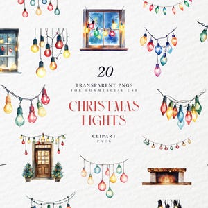 Clipart aquarelle ampoule guirlande lumineuse, guirlandes lumineuses, ampoules décoratives suspendues, Noël, vacances, PNG transparent, usage commercial