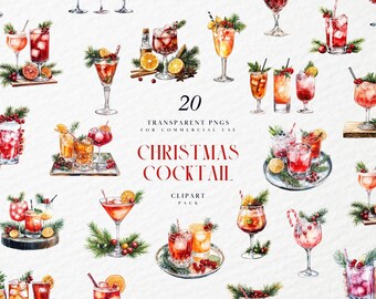 May include: Watercolor illustration of various Christmas cocktails. The image features 20 transparent PNGs of festive drinks, garnished with citrus, berries, and greenery. Text reads "Christmas Cocktail Clipart Pack."