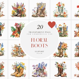 Watercolor Floral Boots Clipart, Flowers in Boots Clipart, Spring, Summer, Rustic, Bohemian, Boho, Transparent PNG Graphics, Commercial Use