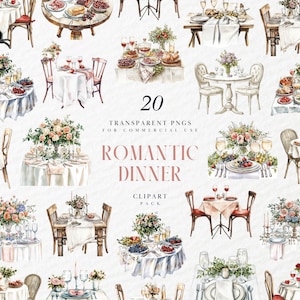 水彩画風のロマンチックなディナークリップアート、キャンドルライトの2人用イブニングテーブル、花のテーブルセッティング要素、透明PNGグラフィック、商用利用可