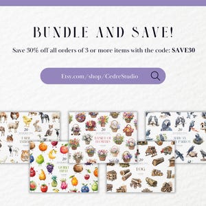 Pu&ograve; includere: Una pubblicit&agrave; per pacchetti di arte digitale. L'immagine presenta illustrazioni ad acquerello di animali da fattoria, fiori, frutta stravagante, tronchi e pappagalli africani. Il testo include "BUNDLE AND SAVE!" e l'URL del negozio Etsy.