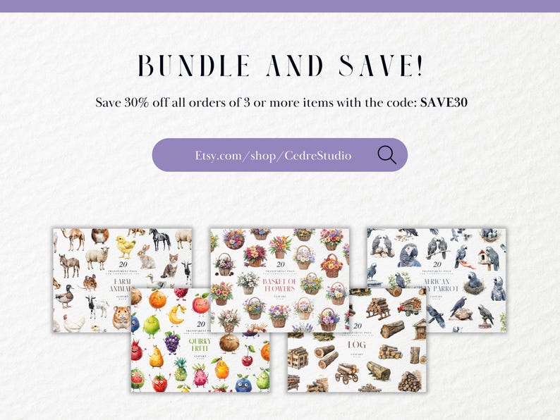 Pu&ograve; includere: Una pubblicit&agrave; per pacchetti di arte digitale. L'immagine presenta illustrazioni ad acquerello di animali da fattoria, fiori, frutta stravagante, tronchi e pappagalli africani. Il testo include "BUNDLE AND SAVE!" e l'URL del negozio Etsy.