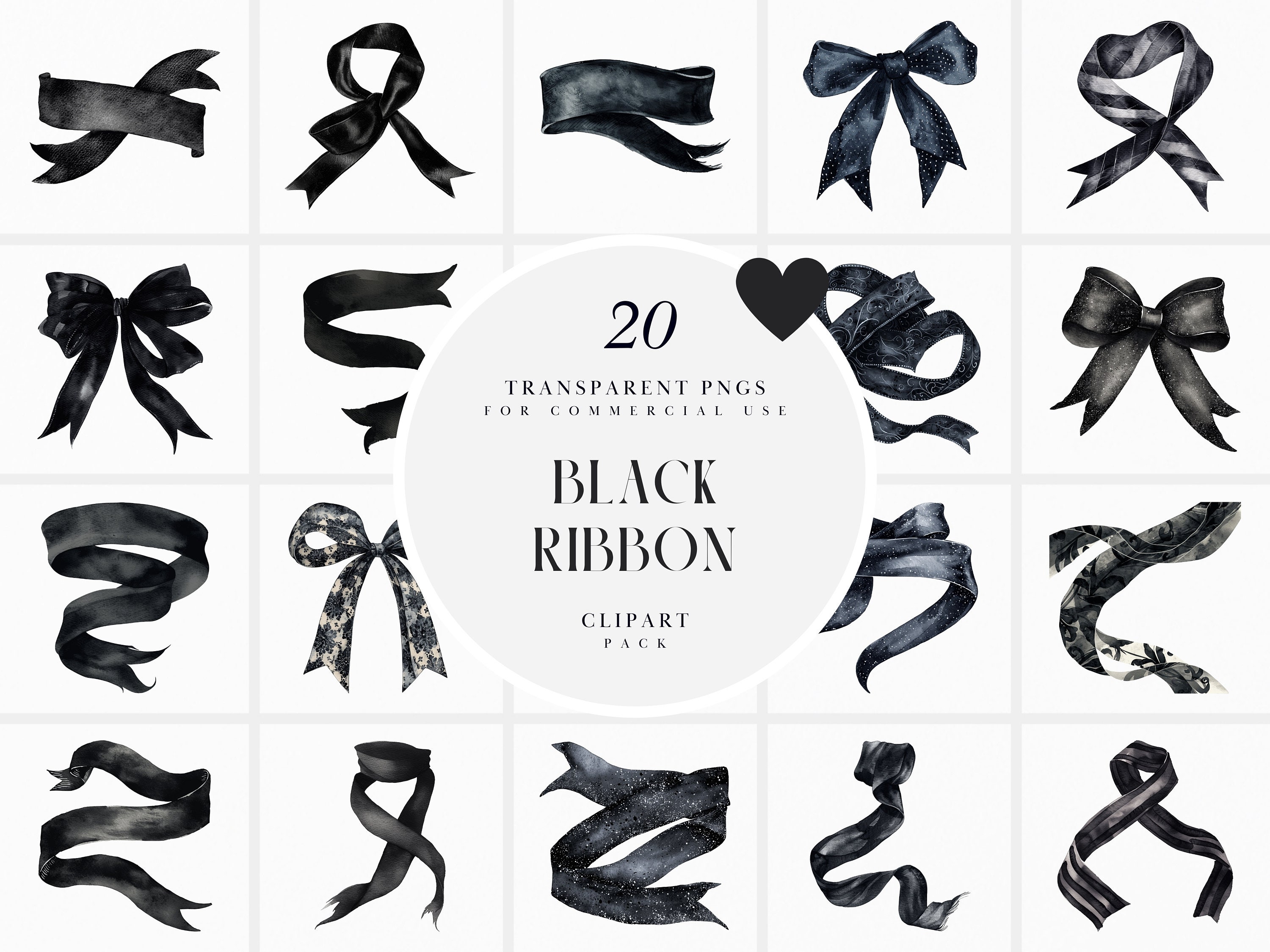 Watercolor Black Ribbon Clipart, Black Ribbons Clipart, Decorative ...