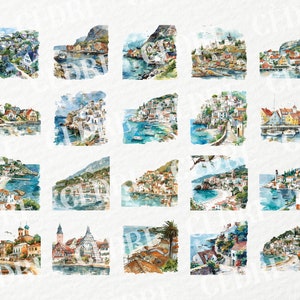 May include: A collection of 24 watercolor paintings depicting picturesque coastal towns with colorful buildings, boats, and lush greenery. The paintings are framed in a white border and arranged in a grid pattern.