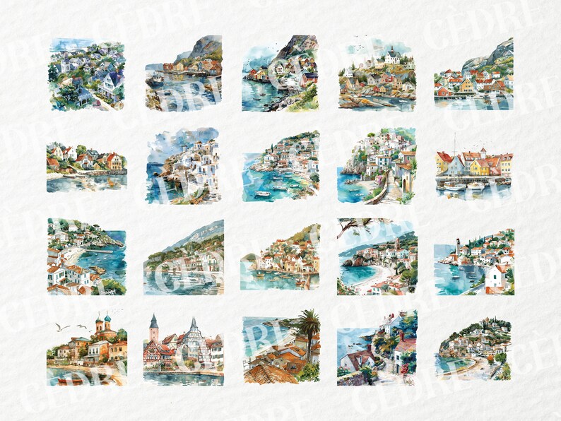 May include: A collection of 24 watercolor paintings depicting picturesque coastal towns with colorful buildings, boats, and lush greenery. The paintings are framed in a white border and arranged in a grid pattern.