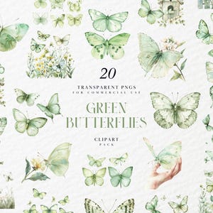 Imágenes prediseñadas de mariposas de acuarela verde pastel, jardín de mariposas, primavera pastel, verano, flores florales, gráfico PNG transparente, uso comercial
