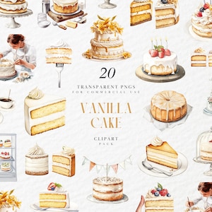 Aquarelle des cliparts de gâteau à la vanille, anniversaire des gâteaux à la vanille des cliparts, des cliparts de tranche de gâteau à la vanille de cuisson, des fichiers PNG transparents pour un usage commercial