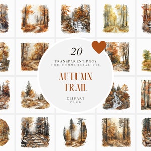 Clipart di sentieri escursionistici autunnali ad acquerello, clipart di coda di camminata in montagna autunnale, foglie che cadono, natura, grafica PNG trasparente, uso commerciale