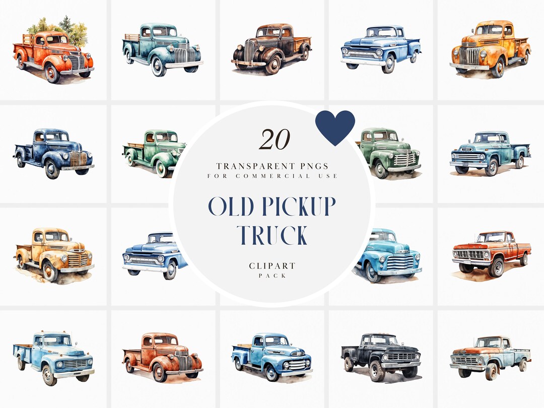 Watercolor Old Pick up Truck Clipart, Colorful Classic Truck Clipart ...