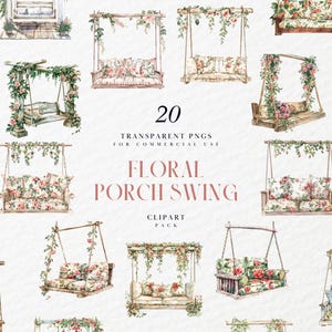 Watercolor Floral Porch Swing Clipart, Cozy Porch Swings with Flowers, Outdoor Swing Bed, Garden Deck Swing, Transparent PNG, Commercial Use