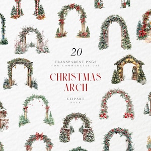 Arco navideño al aire libre en acuarela, arcos de jardín, paisaje navideño de invierno, elementos para hacer tarjetas, PNG transparente, uso comercial