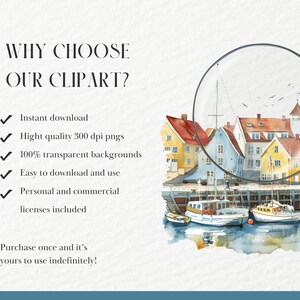 May include: A watercolor illustration of a small town harbor with colorful buildings and boats. The image is magnified with a magnifying glass. The text "WHY CHOOSE OUR CLIPART?" is at the top of the image. The text below the image lists the benefits of purchasing clipart, including instant download, high quality, transparent backgrounds, easy to download and use, and personal and commercial licenses included.