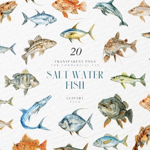 May include: Watercolor illustrations of various saltwater fish, including tuna, marlin, and bass, are displayed on a white background. The image includes the text "20 Transparent PNGs for Commercial Use" and "Salt Water Fish Clipart Pack."