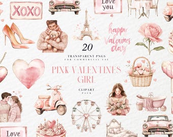 Clipart de chica de San Valentín rosa en acuarela, Día del Amor Romántico, Elementos de San Valentín, Corazón pastel, Gráficos PNG transparentes, Uso comercial