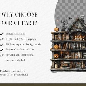 May include: Digital clipart image featuring a spooky bookshelf with pumpkins, candles, and bats. The image includes the text "WHY CHOOSE OUR CLIPART?" and lists features like instant download and transparent backgrounds. The image is a digital download.