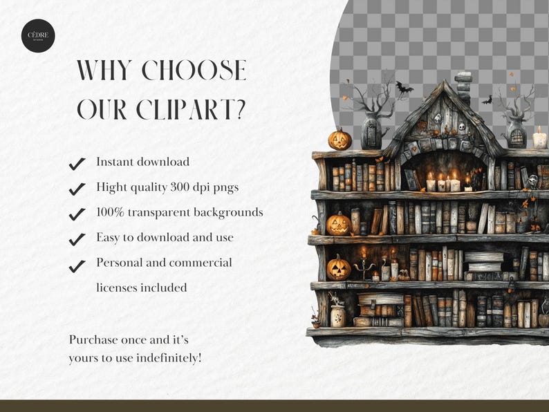 May include: Digital clipart image featuring a spooky bookshelf with pumpkins, candles, and bats. The image includes the text "WHY CHOOSE OUR CLIPART?" and lists features like instant download and transparent backgrounds. The image is a digital download.