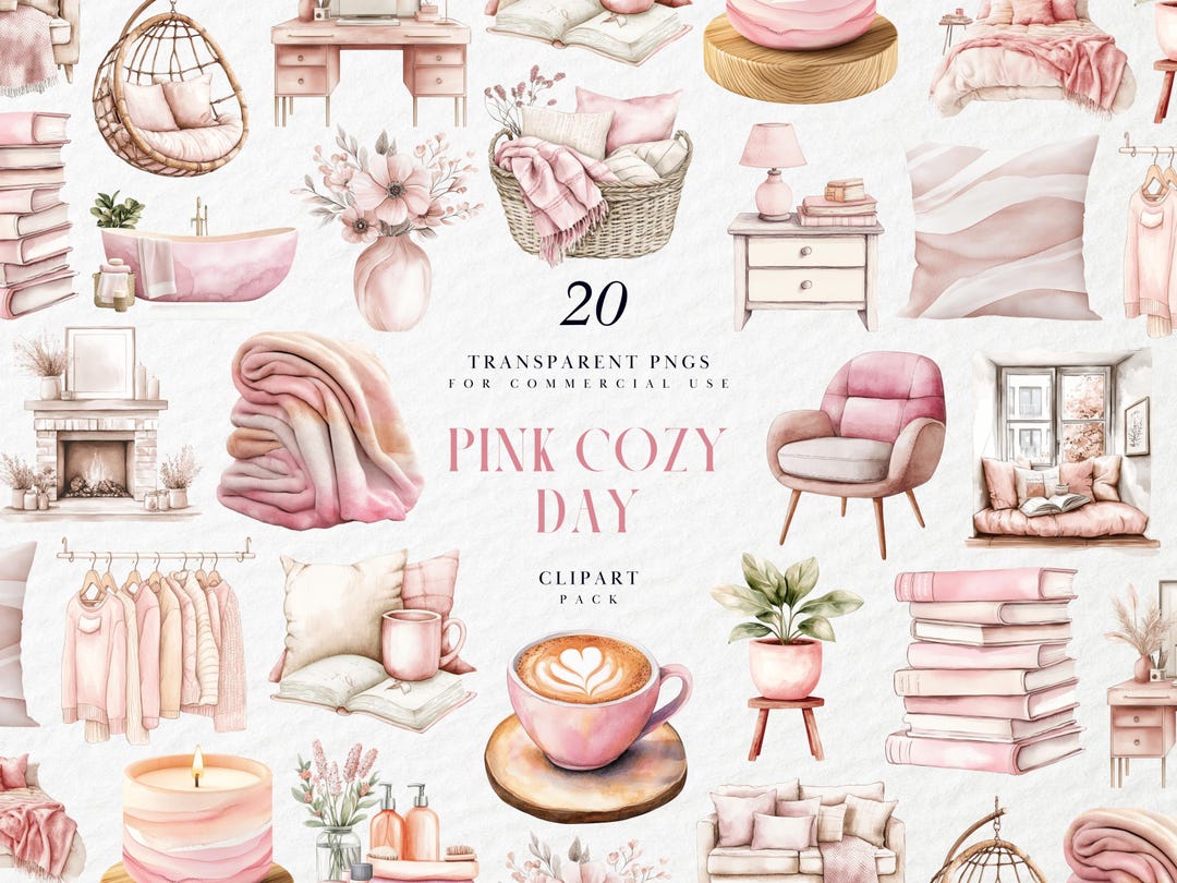 Watercolor Pink Cozy Day Clipart, Warm Interior Scene, Self Care ...