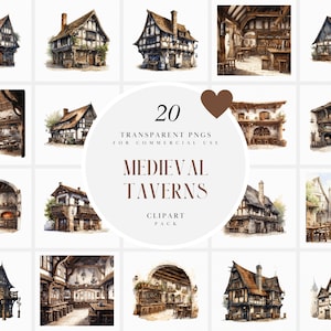 Aquarel middeleeuwse taverne clipart, middeleeuwse pub clipart, middeleeuwse Halfway House clipart, middeleeuwen, transparante PNG-print, commercieel gebruik