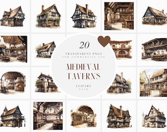 Watercolor Medieval Tavern Clipart, Medieval Pub Clipart, Medieval Halfway House Clipart, Middle Ages, Transparent PNG Print, Commercial Use