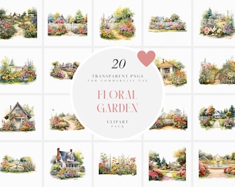 Watercolor Floral Garden Clipart, Backyard Garden With Flowers Clipart, Spring Bloom Front Yard, Summer, Transparent PNG, Commerical Use