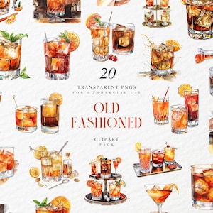 Clipart de coquetel à moda antiga em aquarela, ilustração de bebida alcoólica, menu de bar de casamento, pub, gráficos PNG transparentes, uso comercial